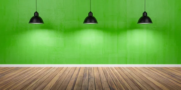 Camera con tre lampade, parete verde cemento e pavimento in legno 3D Illustrazione — Foto Stock