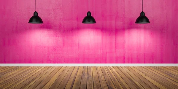 Camera con tre lampade, parete in cemento rosa e pavimento in legno 3D Illustrazione — Foto Stock