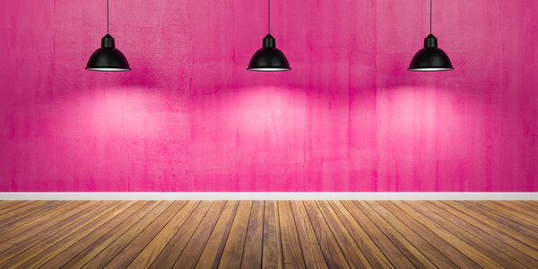 Room with three lamps, concrete pink wall and wooden floor 3D Illustration