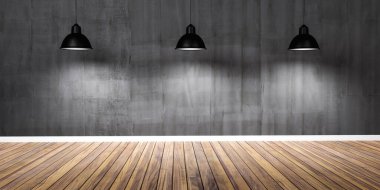 Üç lamba, beton siyah duvar ve ahşap zemin 3D resimli oda.