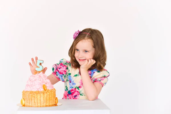 birthday girl five years old with cake. celebration. smash cake decorations, 5