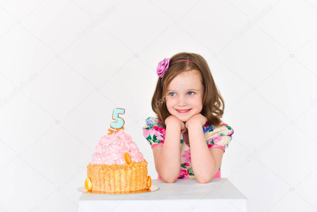 birthday girl five years old with cake. celebration. smash cake decorations, 5