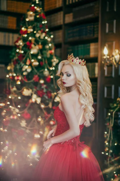 クリスマス ツリーの背景に女王女性 — ストック写真