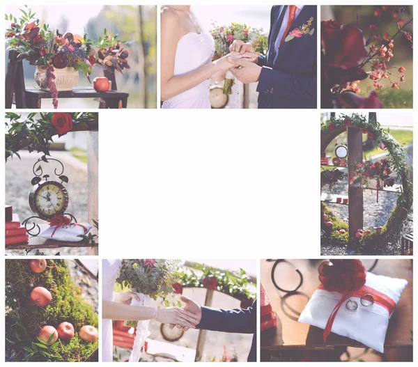 Hochzeitscollage in Form eines Rahmens mit Fotos von Hochzeitsdekor, floristischen Kompositionen, Winter- und Herbstmotiven — Stockfoto