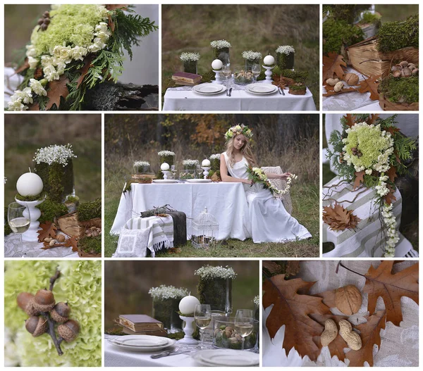 Wedding collage in the form of a frame of photos of wedding decor, floristic compositions, winter and autumn themes — Stock Photo, Image