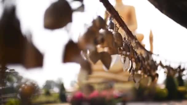 Boeddhistische klokken met wensen swingen in de wind in de buurt van de tempel — Stockvideo