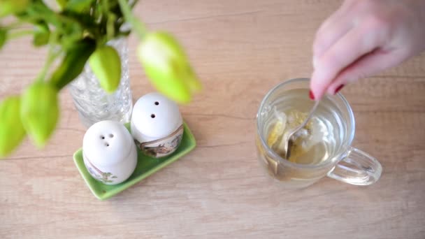 Wrzącej wody przelewa się na stole w kuchni w szklance przejrzyste. parzenia zielonej herbaty ziołowe — Wideo stockowe