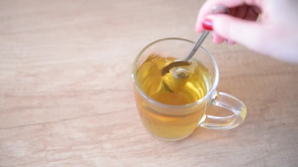 Mano femenina revuelva cuchara de té de hierbas elaboradas en una bolsa — Vídeo de stock