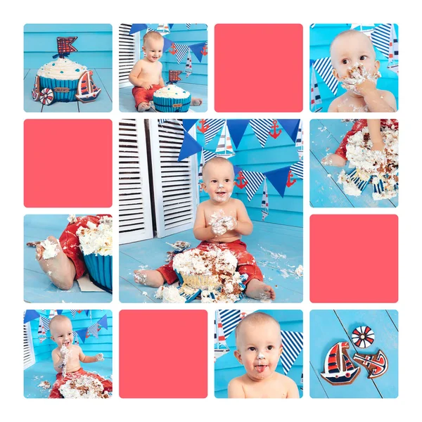 collage decoration for the boys birthday, smash the cake in a nautical marine style. stylized birthday ship photo shoot. Cheerful boy eats and break a cake with his hands on the first holiday