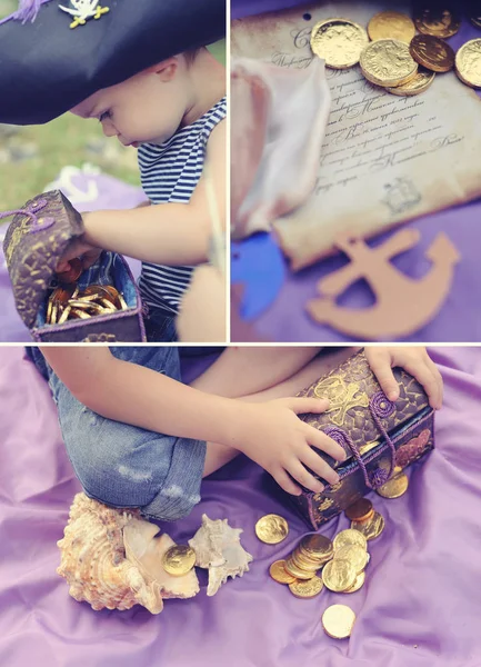 Collage Kinder stilisierten Geburtstag im Freien im Stil der Piraten Dekor für Kinder. Jungen Brüder in Seeräuberkostümen. Schokoriegel-Dekorationen für ein Fotoshooting — Stockfoto