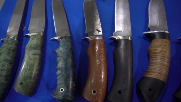 Exposition vente de divers couteaux de production manuelle et industrielle, gros plan — Video