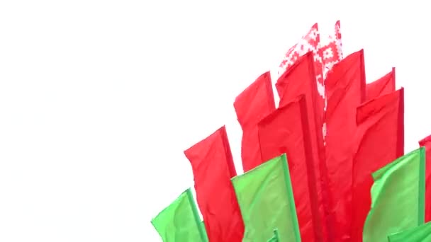 Groep van rood-groene vlaggen van de Republiek Wit-Rusland. De nationale vlag op een witte achtergrond wordt ontwikkeld tot een VERTA om de stad te versieren. Decor tijdens de feestdagen — Stockvideo