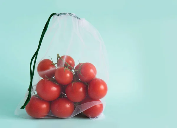 Cabang tomat ceri yang matang terletak pada kantong yang dapat digunakan kembali pada latar belakang biru yang terisolasi. untuk menangani kantong plastik sekali pakai Stok Foto Bebas Royalti