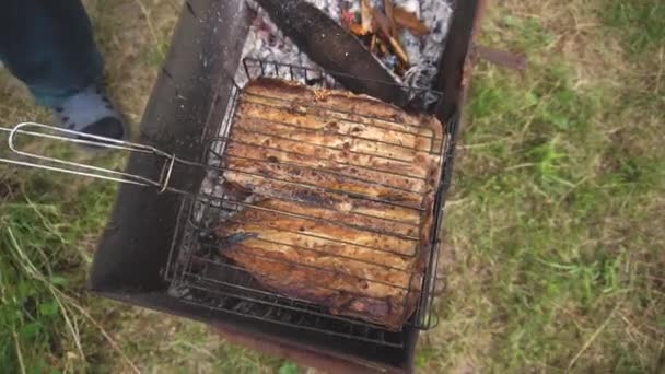 Mens handen draaien over vis in grill Grill is gebakken, bedekt met heerlijke bruine knapperige korst, rook. dorpsleven — Stockvideo