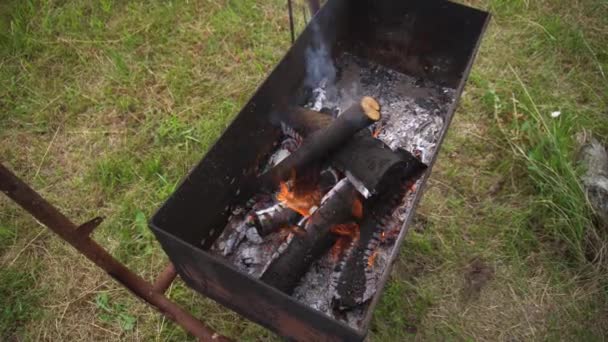 Las manos de los hombres ponen el pescado en la parrilla en la parrilla con fuego, parrilla, estilo de vida rural — Vídeo de stock