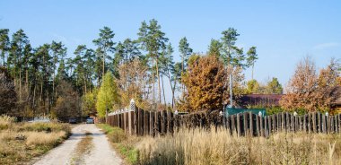 Ormandaki dinlenme merkezinin etrafındaki ağaçtan alınan çit. Dinlenme merkezinin bölgesindeki ağaçlar. Ağaçların altındaki evler. Evlere giden yol. Ukrayna. Bobritsa 'ya karşı. 10 / 20 / 2019
