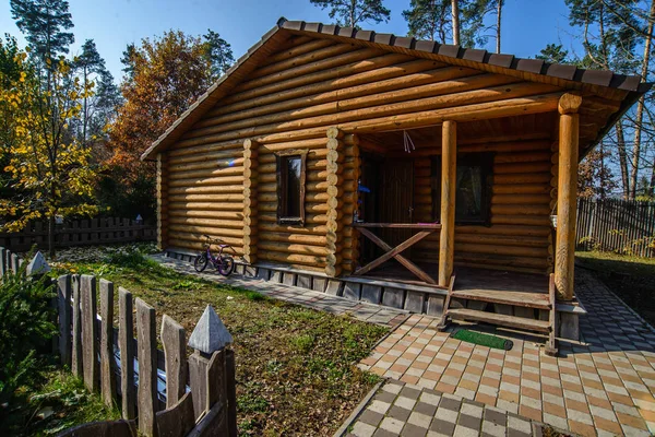 Una Casa Madera Con Una Casa Madera Los Pinos Crecen —  Fotos de Stock