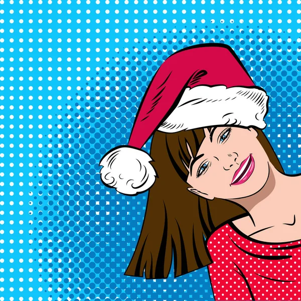Schöne Frau mit Weihnachtsmann-Hut im Pop-Art-Comics-Stil. — Stockvektor