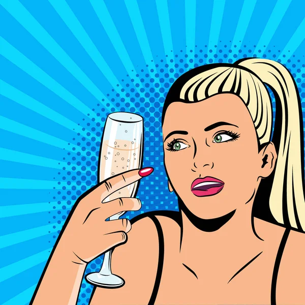 Beautiful girl drinking champagne. Illustration in pop art style. — Stock Vector