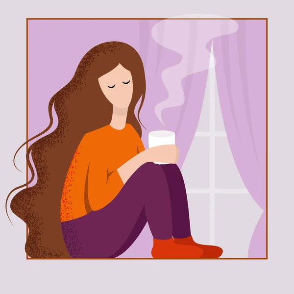 The girl drinks coffee from a mug. Illustration. — Free Stock Photo