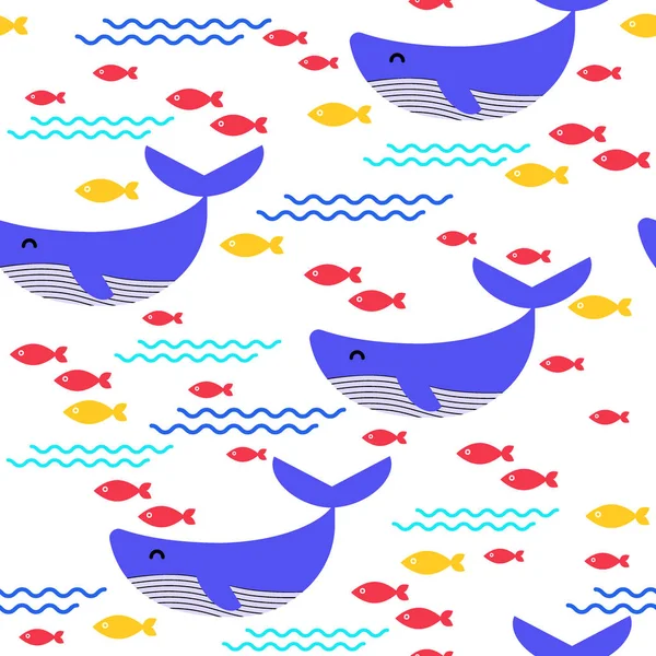 シームレス パターン。鯨と白い背景の上の魚. — ストックベクタ