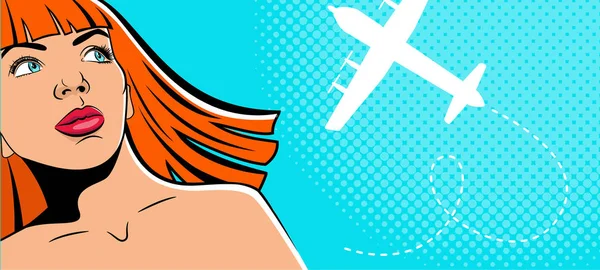 A rapariga olha para o céu no avião. Mulher no estilo pop art comics . —  Vetores de Stock