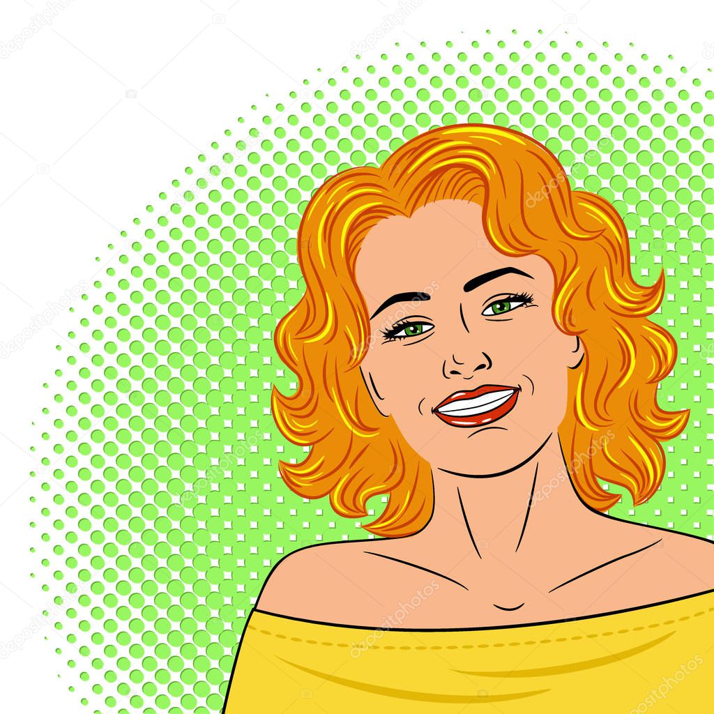 Beautiful young laughing womanpainted on a white background . Drawn in the style of pop art. The girl smiles.