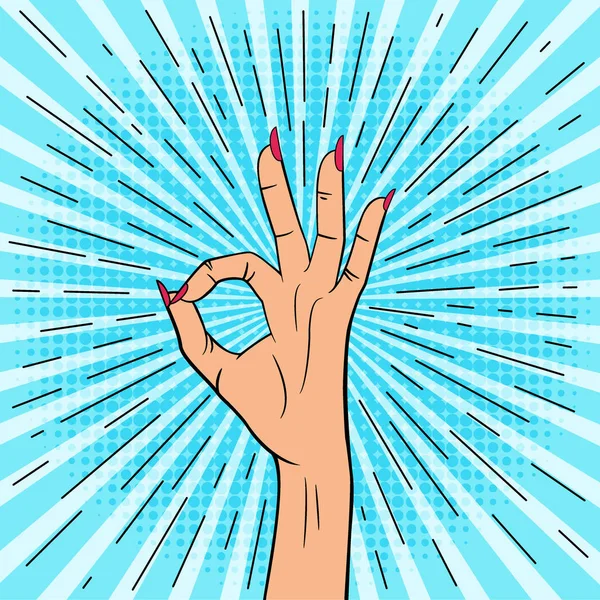 PopFemale hand shows ok sign. Illustration in pop art style. — Stock Vector