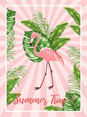 Plaj partisi için davetiye şablon. Flamingo ve tropikal yaprak. Poster.
