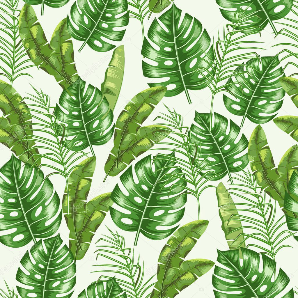 Seamless pattern with the image of tropical leaves. Floral ornament.