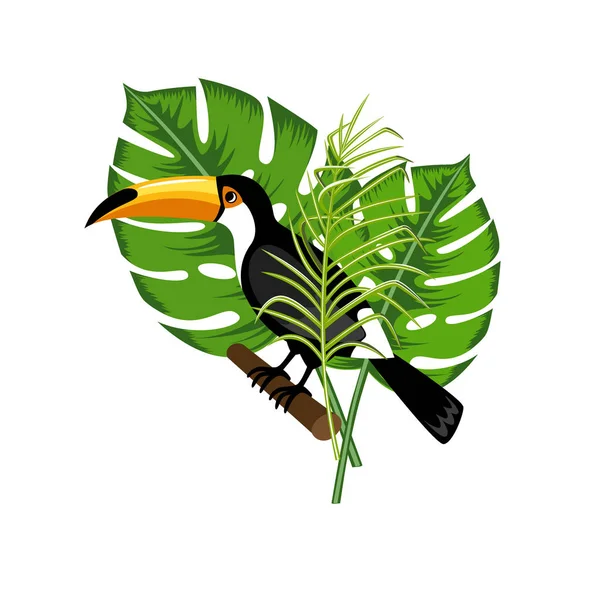 Design element. Exotic toucan bird on a background of palm leaves. White background. — Stock Vector