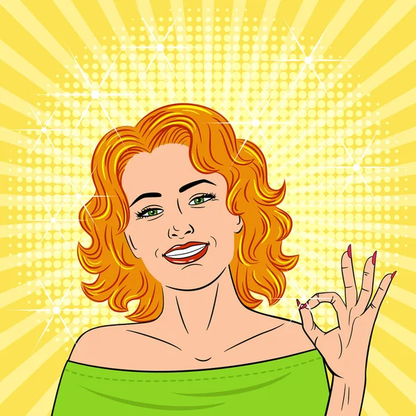 Young beautiful woman showing ok sign. Smile. Vector illustration in pop art style. — Stock Vector