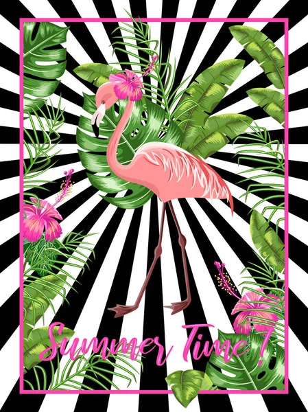 Шаблон приглашения для пляжной вечеринки. Фламинго и тропические листья. . — стоковый вектор