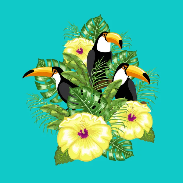 Modèle d'invitation pour la publicité estivale. Oiseau toucan et feuilles tropicales. . — Photo gratuite