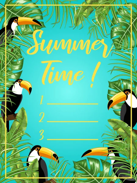 Плакат с изображением туканов и тропических листьев. Летнее время. Планировщик. Мак-ап . — стоковый вектор