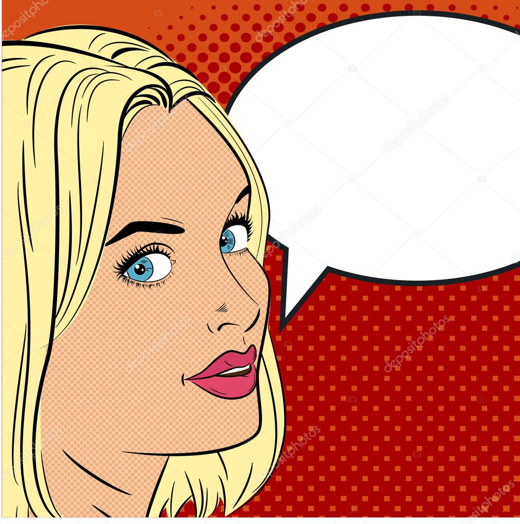 A beautiful young girl says something. Woman in the pop art comics style.
