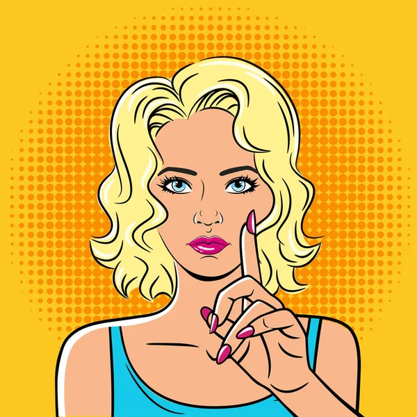 A beautiful young woman draws attention with her index finger. The girl is drawn in the style of pop art. — Stock Vector