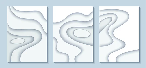 Conjunto de banners A4 verticais com fundo abstrato 3D com ondas de corte de papel branco. Cartaz geométrico ondulado. Composição na moda de formas brancas cortadas de papel . — Vetor de Stock