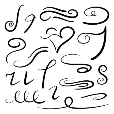 Tasarımınız için elle çizilmiş dekoratif hat elemanları. Davetiyeler, kartlar, posterler, tebrikler, web sitesi tasarımı için güzel bukleler ve spiraller.