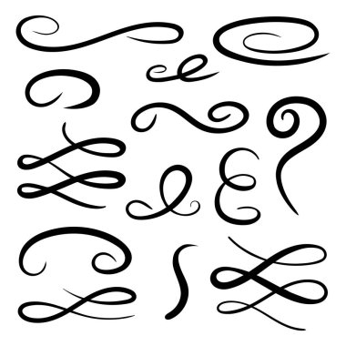 Tasarımınız için elle çizilmiş dekoratif hat elemanları. Davetiyeler, kartlar, posterler, tebrikler, web sitesi tasarımı için güzel bukleler ve spiraller.