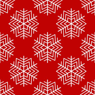 Kusursuz desen. Kırmızı zemin üzerinde beyaz kar taneleri. Yeni Yıl.