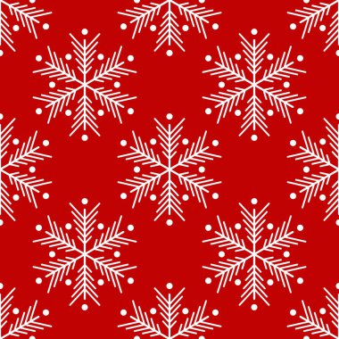Kusursuz desen. Kırmızı zemin üzerinde beyaz kar taneleri. Yeni Yıl.