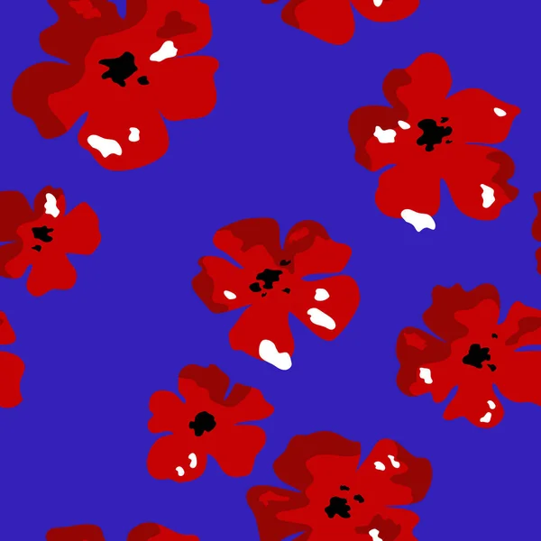 シームレスなパターン。青い背景の赤い花. — ストックベクタ