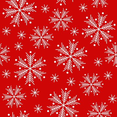 Kusursuz desen. Kırmızı zemin üzerinde beyaz kar taneleri. Yeni Yıl.