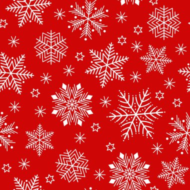 Kusursuz desen. Kırmızı zemin üzerinde beyaz kar taneleri. Yeni Yıl.