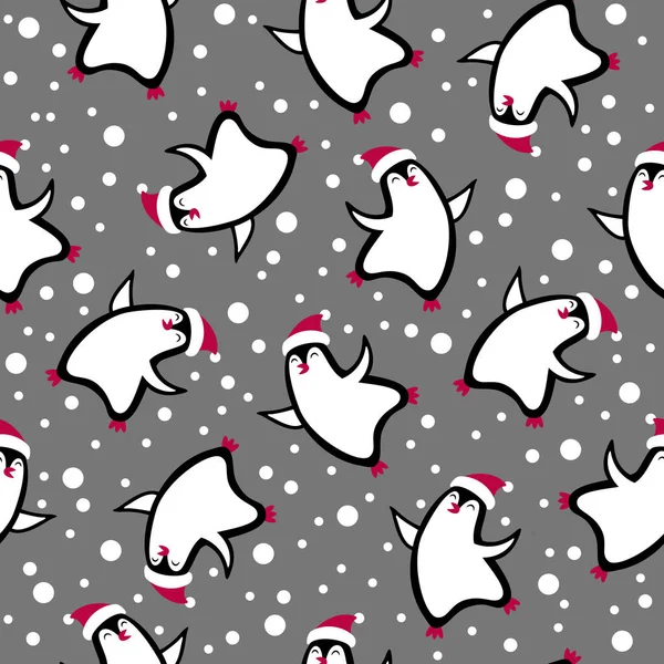 Pinguino su sfondo grigio. Modello di Capodanno senza soluzione di continuità. Vettore . — Vettoriale Stock