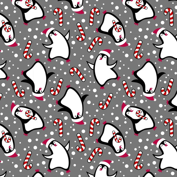 Penguin on a gray background. Seamless New Years pattern. Vector .