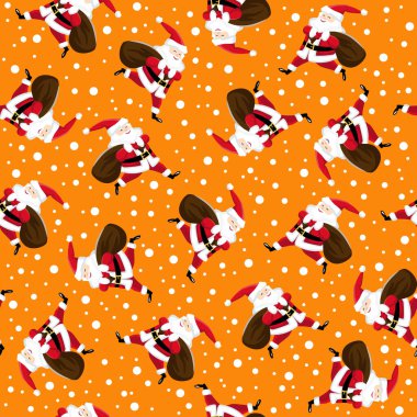 Kusursuz desen. Turuncu arka planda hediyeleri olan Noel Baba..