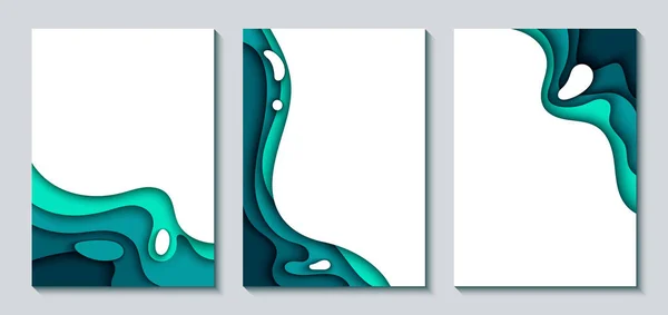 Set von vertikalen DIN-A4-Bannern mit abstraktem 3D-Hintergrund mit blauen Wellen aus Papier. Welliges geometrisches Plakat. Modische Komposition farbiger Formen aus Papier. — Stockvektor