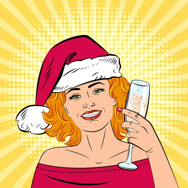 Eine schöne junge Frau mit Weihnachtsmann-Hut hält ein Glas Champagner in der Hand. Gezeichnet im Stil der Pop-Art. Das Mädchen lächelt. Retro. — Stockvektor